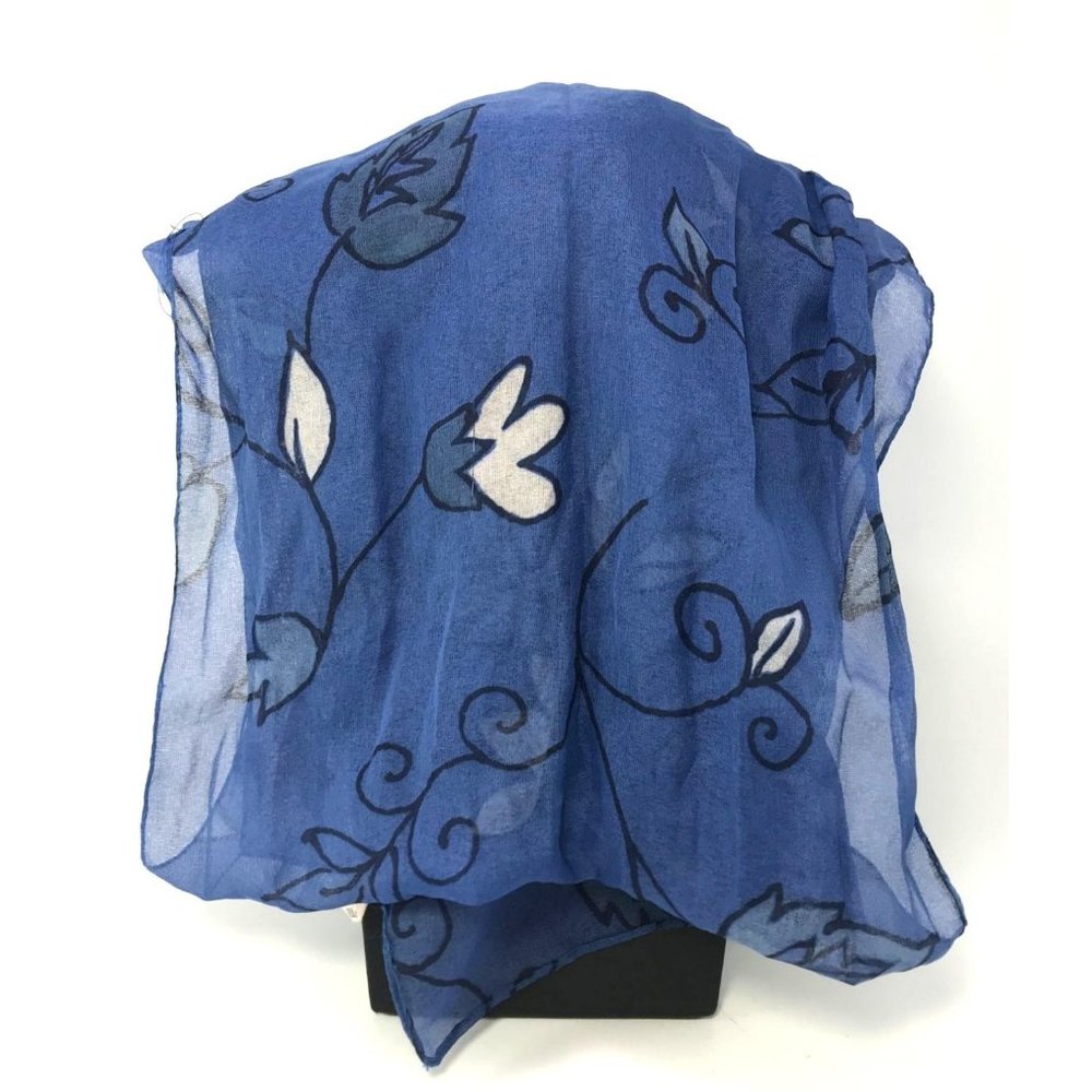 Vintage Blue & White Floral Vine Pattern Italian Chiffon Scarf 11"x60" Polyester - Picture 4 of 4